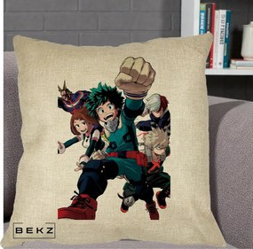 Perna Personalizata My Hero Academia Izuku Deku si Echipa, 40x40 cm, Crem, Husa Detasabila, Perna Inclusa, BEKZ®