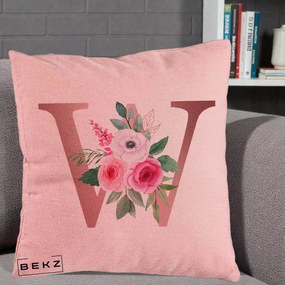 Cadou Personalizat - Perna Personalizata Monograma Rose Gold Litera W cu Trandafiri si Anemona, 40x40 cm, Roz, Husa Detasabila, Perna Inclusa, BEKZ®