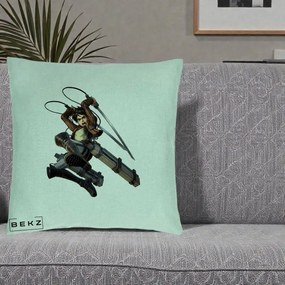 Perna Personalizata Attack on Titan Eren Yeager Lupta, 40x40 cm, Verde Menta, Husa Detasabila, Perna Inclusa, BEKZ®