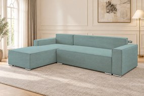 Colțar extensibil Livia Mini din catifea reiată, verde marin, colț pe stânga, cu ladă de depozitare