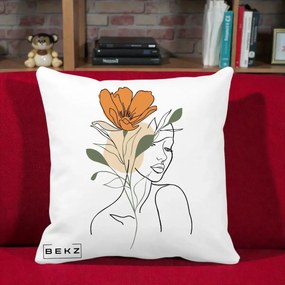 Perna Decorativa Portret Feminin Floare Portocalie, 40x40 cm, Alba Mata, Husa Detasabila, Perna Inclusa, BEKZ®