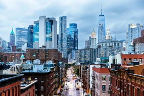 Fotografie Illuminated Manhattan Financial District skyscrapers seen, Alexander Spatari