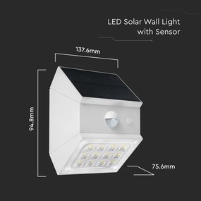 Lampă solară LED de perete cu senzor, 2,5W/3,7V, IP65, 1200 mAh, albă