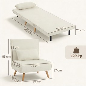 HOMCOM Fotoliu-șezlong convertibil 3 în 1 pat/fotoliu 1 loc, spătar 5 poziții, material textil cu pernă, crem | Aosom Romania