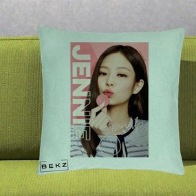 Perna Personalizata K-pop BLACKPINK Jennie cu Semnatura si Fond Roz, 40x40 cm, Verde Menta, Husa Detasabila, Perna Inclusa, BEKZ®