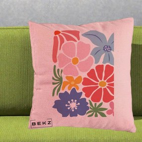 Perna Decorativa Flori Grafice Roz-Rosu-Albastru, 40x40 cm, Roz, Husa Detasabila, Perna Inclusa, BEKZ®