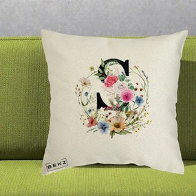 Cadou Personalizat - Perna Personalizata Monogram Litera S cu Flori Acuarela, 40x40 cm, Ecru, Husa Detasabila, Perna Inclusa, BEKZ®