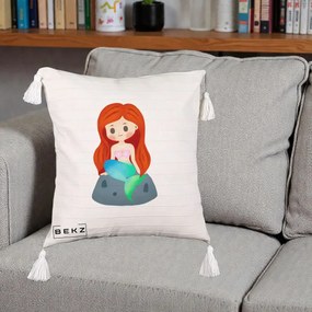 Perna Personalizata Sirena Kawaii Roscat, 40x40 cm, Bej cu Franjuri, Husa Detasabila, Perna Inclusa, BEKZ®