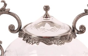 Borcan din sticlă gravată și aluminiu, argintiu, cu capac și mânere cu volute, aspect vintage, finisaj antichizat, 31 x 31 cm, „Amphore”