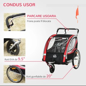 HOMCOM Remorca Bicicleta 2 in 1 pentru Copii cu Centura 5 Puncte si Accesorii Siguranta, Rosu | Aosom Romania