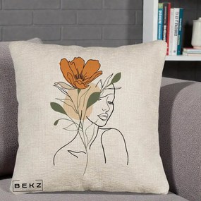 Perna Decorativa Portret Feminin Floare Portocalie, 40x40 cm, Bej Canapea, Husa Detasabila, Perna Inclusa, BEKZ®
