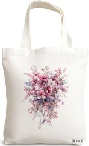 Sacosa de Panza pentru Cumparaturi, Geanta Tote, model Flowers 3 38 x 34.5 cm, Alba, BEKZ®
