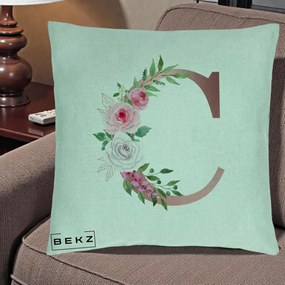 Cadou Personalizat - Perna Personalizata Monograma Rose Gold Litera C, 40x40 cm, Verde Menta, Husa Detasabila, Perna Inclusa, BEKZ®