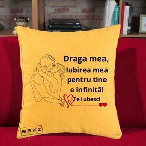 Cadou pentru Iubita - Perna Personalizata Draga Mea Iubirea Mea pentru Tine e Infinita Te Iubesc, 40x40 cm, Galben, Husa Detasabila, Perna Inclusa, BEKZ®