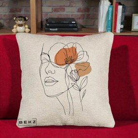 Perna Decorativa Portret Feminin Mac Profilat, 40x40 cm, Bej Canapea, Husa Detasabila, Perna Inclusa, BEKZ®