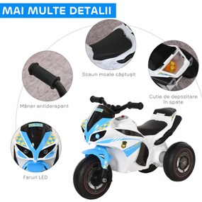 HOMCOM Motocicletă pentru Copii 18-36 Luni cu 3 Roți, Muzică și Faruri, 74x39x48 cm, Albastru Deschis | Aosom Romania