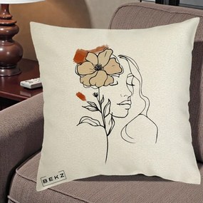 Perna Decorativa Portret Feminin Floare Bej Terracotta, 40x40 cm, Ecru, Husa Detasabila, Perna Inclusa, BEKZ®