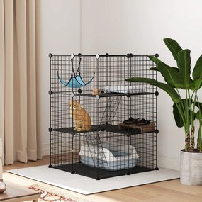 PawHut Cușcă pentru Pisici 105 cm de Interior, Recinto din Oțel cu 3 Uși, Design Personalizabil DIY pentru Pisoi, Spațiu pe 3 Niveluri cu Scări, Hamac și Platformă, Negru | Aosom Romania