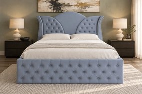 Pat tapițat Chesterfield din catifea Velora Deluxe Classic 140×200 cm, gri deschis, cu ladă de depozitare