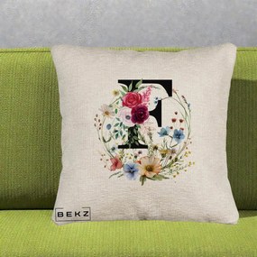 Cadou Personalizat - Perna Personalizata Monogram Litera F cu Flori Acuarela, 40x40 cm, Bej Canapea, Husa Detasabila, Perna Inclusa, BEKZ®