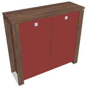 Dulap mediu Verno+ 140 x 46 x 130 cm, uși de sticlă, nuc / roșu
