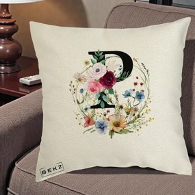 Cadou Personalizat - Perna Personalizata Monogram Litera P cu Flori Acuarela, 40x40 cm, Ecru, Husa Detasabila, Perna Inclusa, BEKZ®