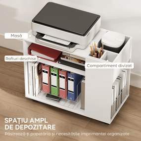 HOMCOM Dulap pentru Imprimantă cu Roți, Dulap Multifuncțional cu Compartimente Deschise, Raft și Spațiu de Depozitare, Noptieră pentru Living, Cameră sau Birou, 70x36x60 cm, Alb | Aosom Romania