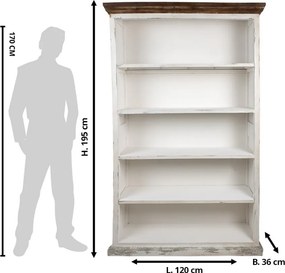 Bibliotecă vintage din lemn, finisaj alb antichizat, 4 rafturi deschise, 120×36×195 cm, „Librarie"