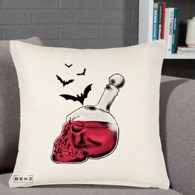 Perna Decorativa Halloween Craniu-Sticla cu Lilieci, 40x40 cm, Crem Reliefat, Husa Detasabila, Perna Inclusa, BEKZ®