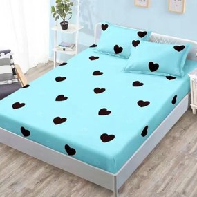 Husa de pat cu elastic si 2 fete de perna, tesatura tip finet, pat 2 persoane, turquoise / negru, G-236