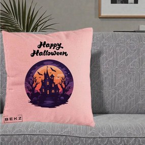 Perna Decorativa Happy Halloween Casa Bantuita Violet, 40x40 cm, Roz, Husa Detasabila, Perna Inclusa, BEKZ®
