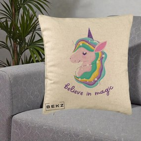 Perna Decorativa Unicorn Believe in Magic, 40x40 cm, Bej, Husa Detasabila, Perna Inclusa, BEKZ®