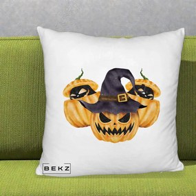 Perna Decorativa Trio Dovleci Jack-o-Lantern cu Palarie Vrajitoare, 40x40 cm, Alb Pufos, Husa Detasabila, Perna Inclusa, BEKZ®