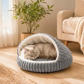 PawHut Culcuș pentru Pisici de până la 5 kg, Rotund Semiînchis, din Pluș cu Efect de Iepuraș, cu Pernă Lavabilă, Gri | Aosom Romania