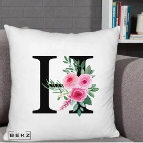 Cadou Personalizat - Perna Personalizata Monograma Florala Litera H cu Trandafiri Roz, 40x40 cm, Alb Pufos, Husa Detasabila, Perna Inclusa, BEKZ®