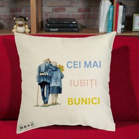 Cadou pentru Bunici - Perna Personalizata Cei Mai Iubiti Bunici Acuarela Spate, 40x40 cm, Ecru, Husa Detasabila, Perna Inclusa, BEKZ®