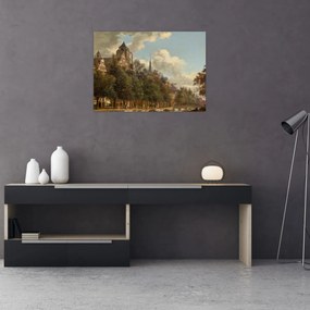 Tablou pe sticlă - Jan van der Heyden, View Down a Dutch Canal, reproducere (70x50 cm)