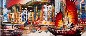 Tablou - Victoria Harbour, Hong Kong, pictură în ulei (120x50 cm)