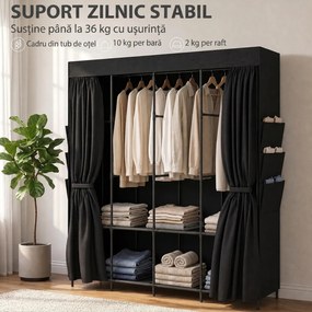 HOMCOM Garderobă Textilă cu 3 Bare și 3 Rafturi, Oțel și Material Netesut, 130 x 45 x 167 Cm, Negru | Aosom Romania