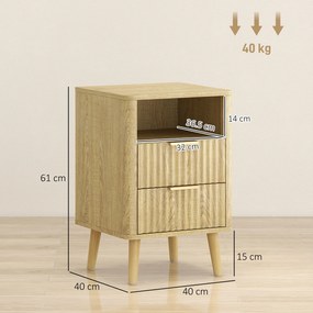 HOMCOM Set de 2 noptiere, noptiere cu 2 sertare și compartiment deschis, colțuri rotunjite, 40 x 40 x 61 cm, stejar | Aosom Romania