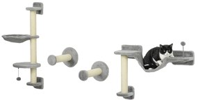 PawHut Copac de pisici complet pe perete cu 4 piese hamac, panglică, platformă de sărit, stâlp din sisal și scară pluș gri | Aosom Romania
