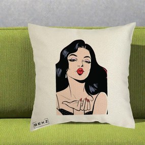 Perna Decorativa Femeie Pop-Art Kiss, 40x40 cm, Ecru, Husa Detasabila, Perna Inclusa, BEKZ®