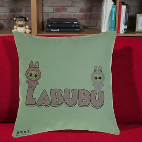 Perna Personalizata Labubu Duo Roz-Lila cu Text, 40x40 cm, Verde, Husa Detasabila, Perna Inclusa, BEKZ®