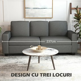 HOMCOM Canapea de 3 Locuri din Material Textil cu Brațe, Perne Căptușite și Înveliș cu Efect de In, 237x94x102 cm, Gri | Aosom Romania