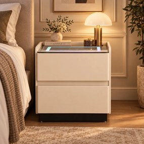 AVÉLIA — Noptieră inteligentă cu încărcare Wireless, Bluetooth Stereo, iluminare RGB, USB + Type-C, Bej