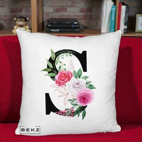 Cadou Personalizat - Perna Personalizata Monograma Florala Litera S, 40x40 cm, Alb Pufos, Husa Detasabila, Perna Inclusa, BEKZ®