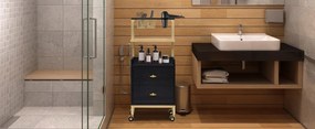 CMAU202 - Carucior 37 cm, cu Rafturi si Roti, masuta manichiura, ucenic cosmetica, masa coafor - Alb - Imitatie de marmura / Negru - Auriu