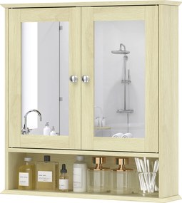 kleankin Dulap de perete pentru baie cu oglindă, 56 x 13 x 58 cm, mobilier de baie cu uși-oglindă duble, efect lemn natural | Aosom Romania