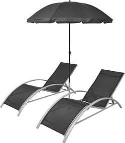 vidaXL Șezlonguri de plajă cu umbrelă, negru, aluminiu