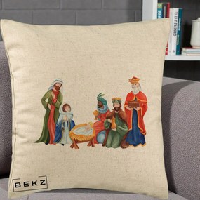 Perna Decorativa Nasterea Domnului Cei Trei Magi Acuarela, 40x40 cm, Bej, Husa Detasabila, Perna Inclusa, BEKZ®